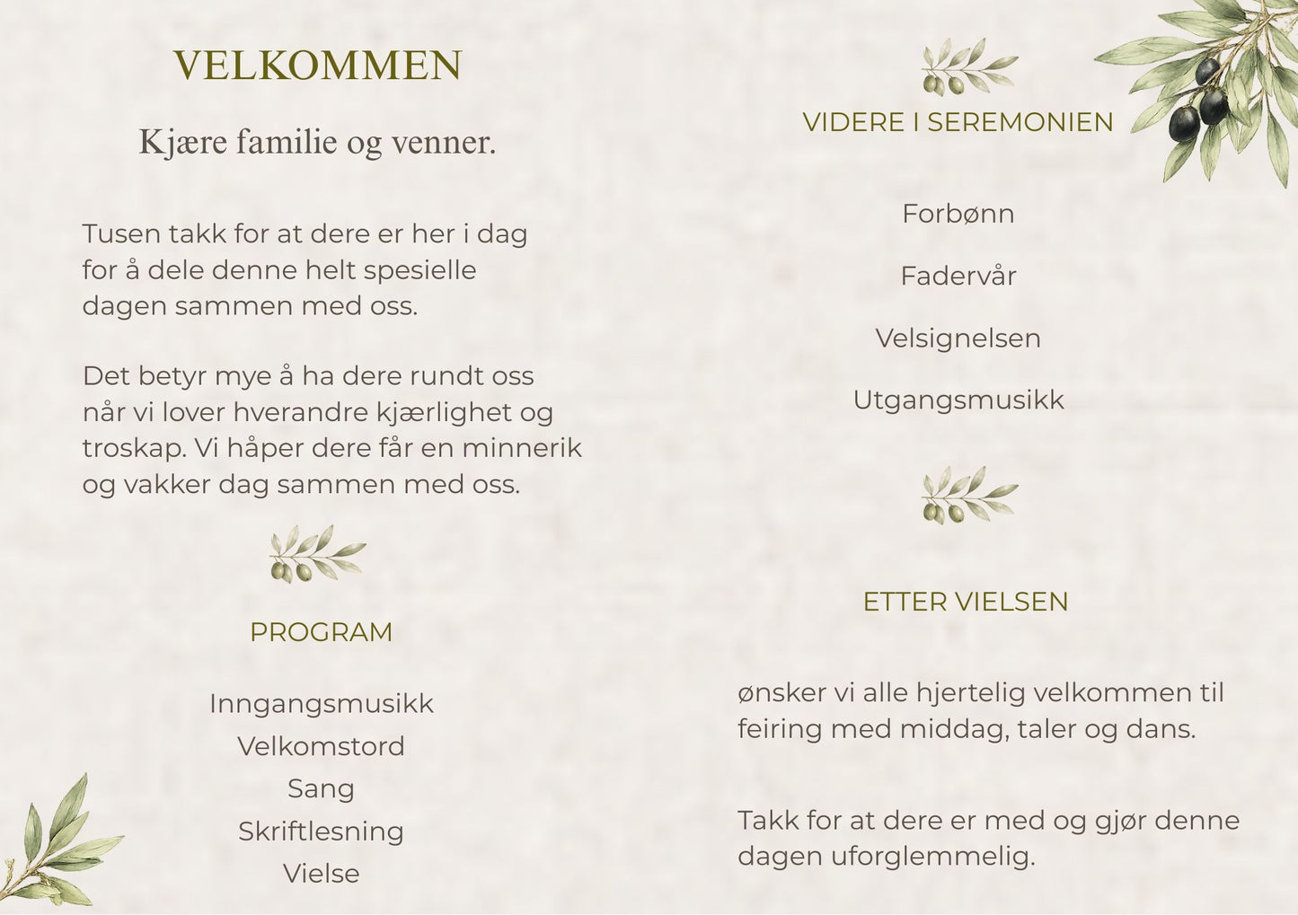 Bryllupsprogram Olive Grove – innside med velkomsttekst og seremoniprogram i olivengrønn skrift, dekorert med olivengrener på beige lin-bakgrunn