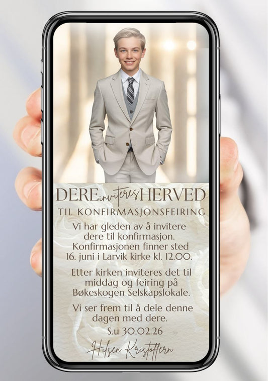 Konfirmasjonsinvitasjon beige med bilde - personlig design med ferdig tekstforslag - KISS DEKOR