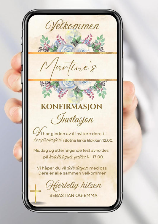 Moderne konfirmasjonsinvitasjon med roser, gullstrek og håndskrevet skrift på kremfarget bakgrunn
