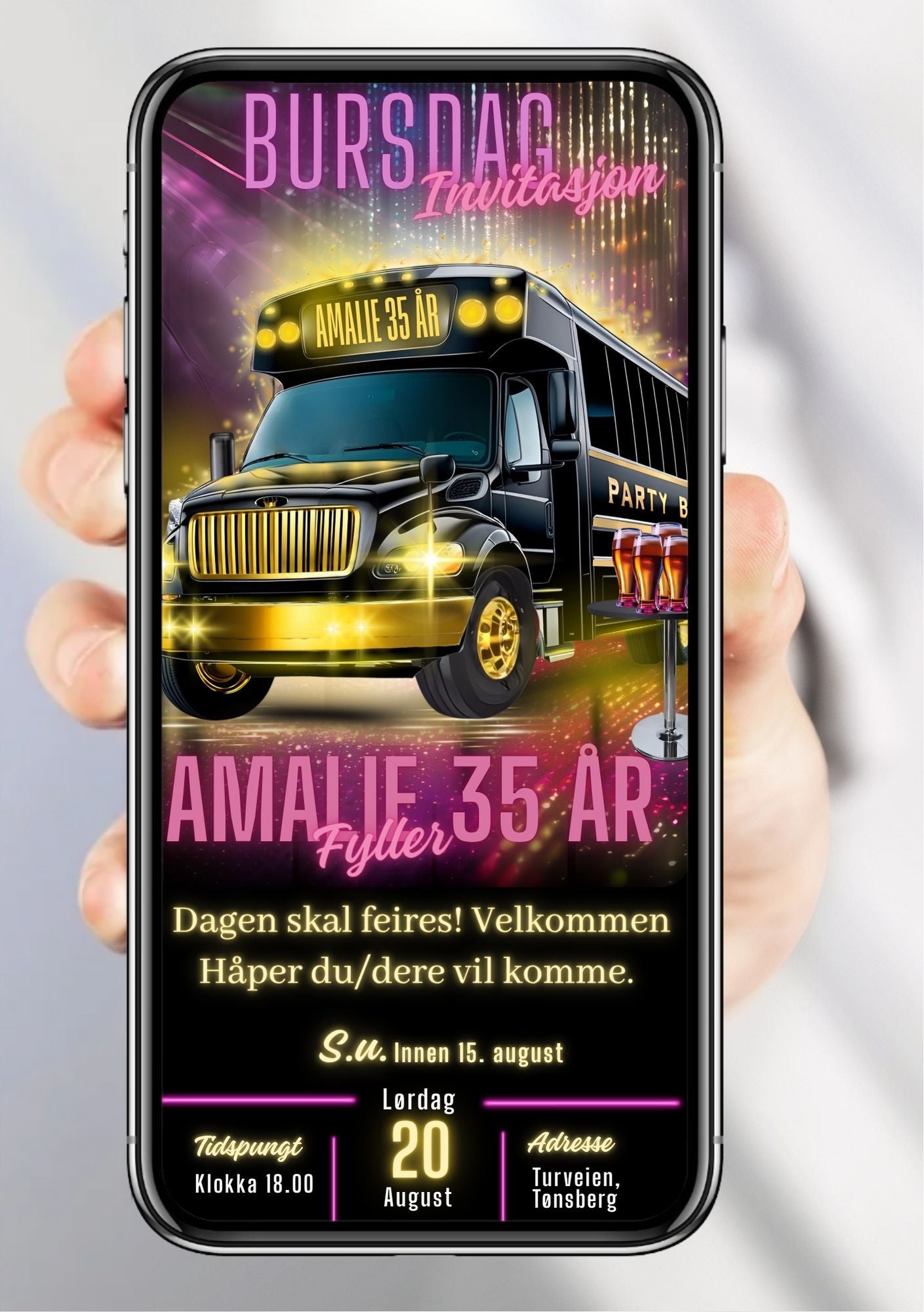Digital bursdagsinvitasjon med sort party buss og rosa festlys på lilla bakgrunn, vist på mobilskjerm
