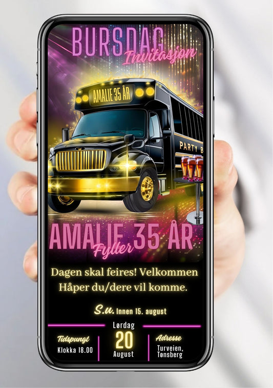 Digital bursdagsinvitasjon med sort party buss og rosa festlys på lilla bakgrunn, vist på mobilskjerm