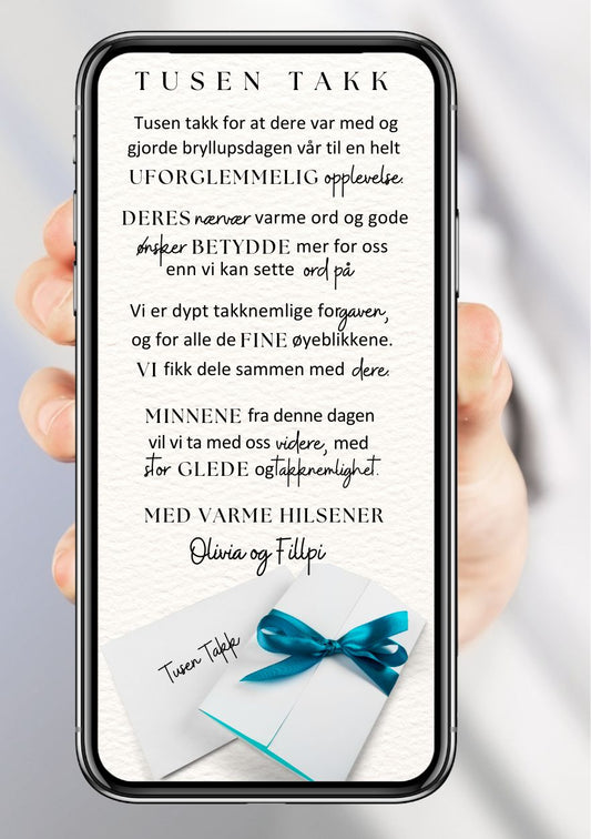 Takkekort bryllup hvit elegant - personlig design med ferdig tekstforslag - KISS DEKOR