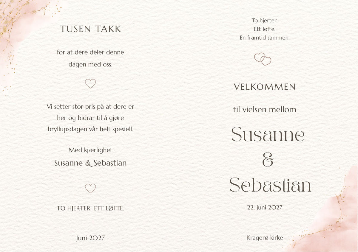 Bryllupsprogram Blush Watercolor – forside med navn i elegant skrift, sammenflettet hjerte og blush akvarelldekor med gullstøv på lys kremfarget bakgrunn