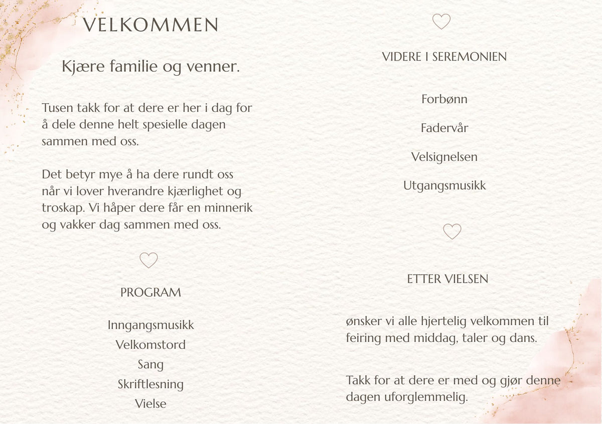 Bryllupsprogram Blush Watercolor – innside med velkomsttekst og seremoniprogram med hjerteikoner og blush akvarelldekor i hjørnene