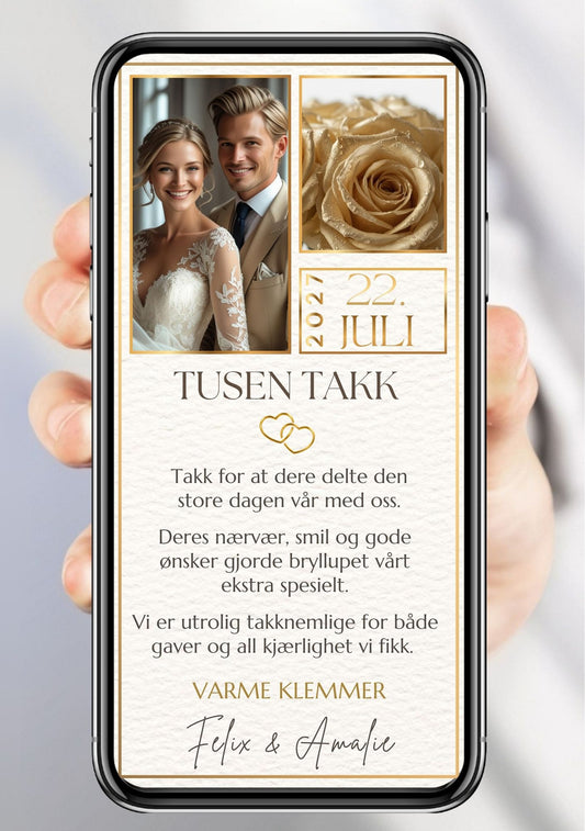 Hånd holder mobiltelefon med elegant takkekort til bryllup i hvitt og gull fra Kiss Dekor.