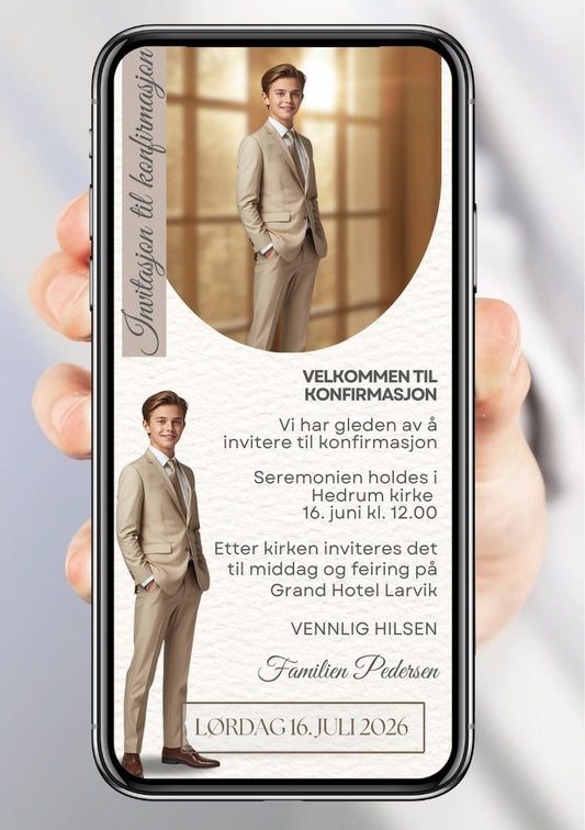 Konfirmasjonsinvitasjon kremhvit med dobbelt bilde - personlig design med ferdig tekstforslag - KISS DEKOR