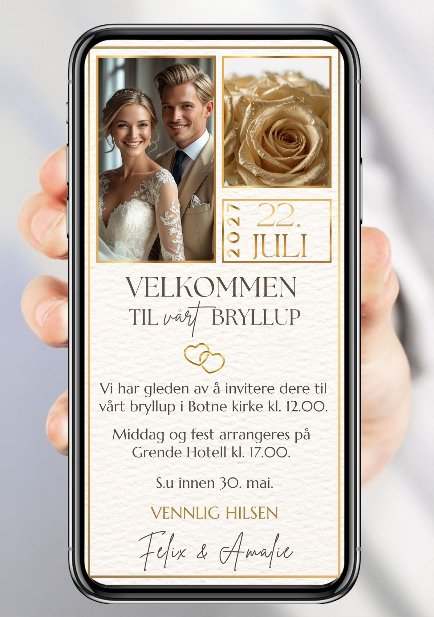 Hånd holder mobiltelefon med elegant digital bryllupsinvitasjon i hvitt og gull fra Kiss Dekor.