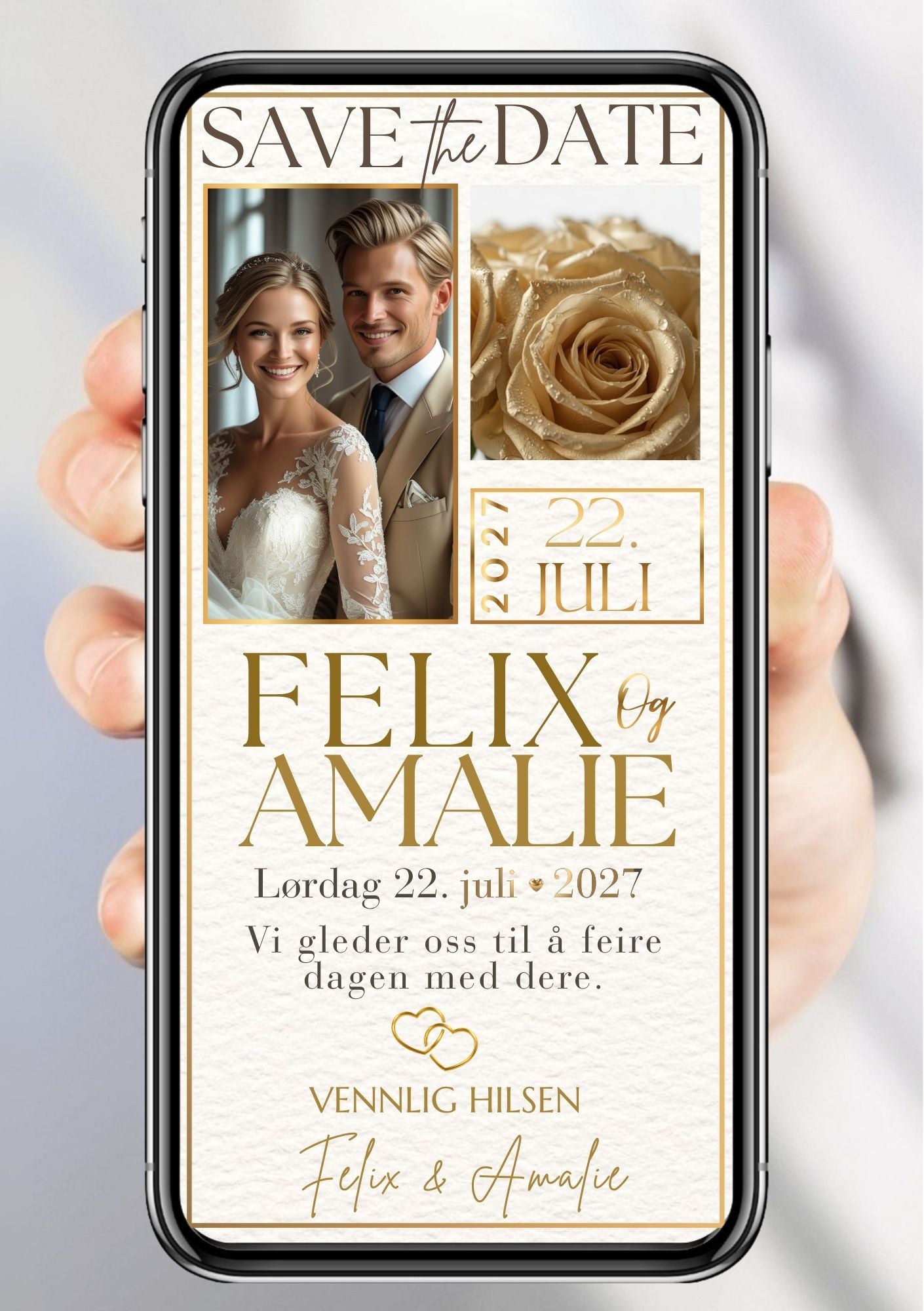 Hånd holder mobiltelefon med elegant Save the Date-invitasjon i hvitt og gull fra Kiss Dekor.