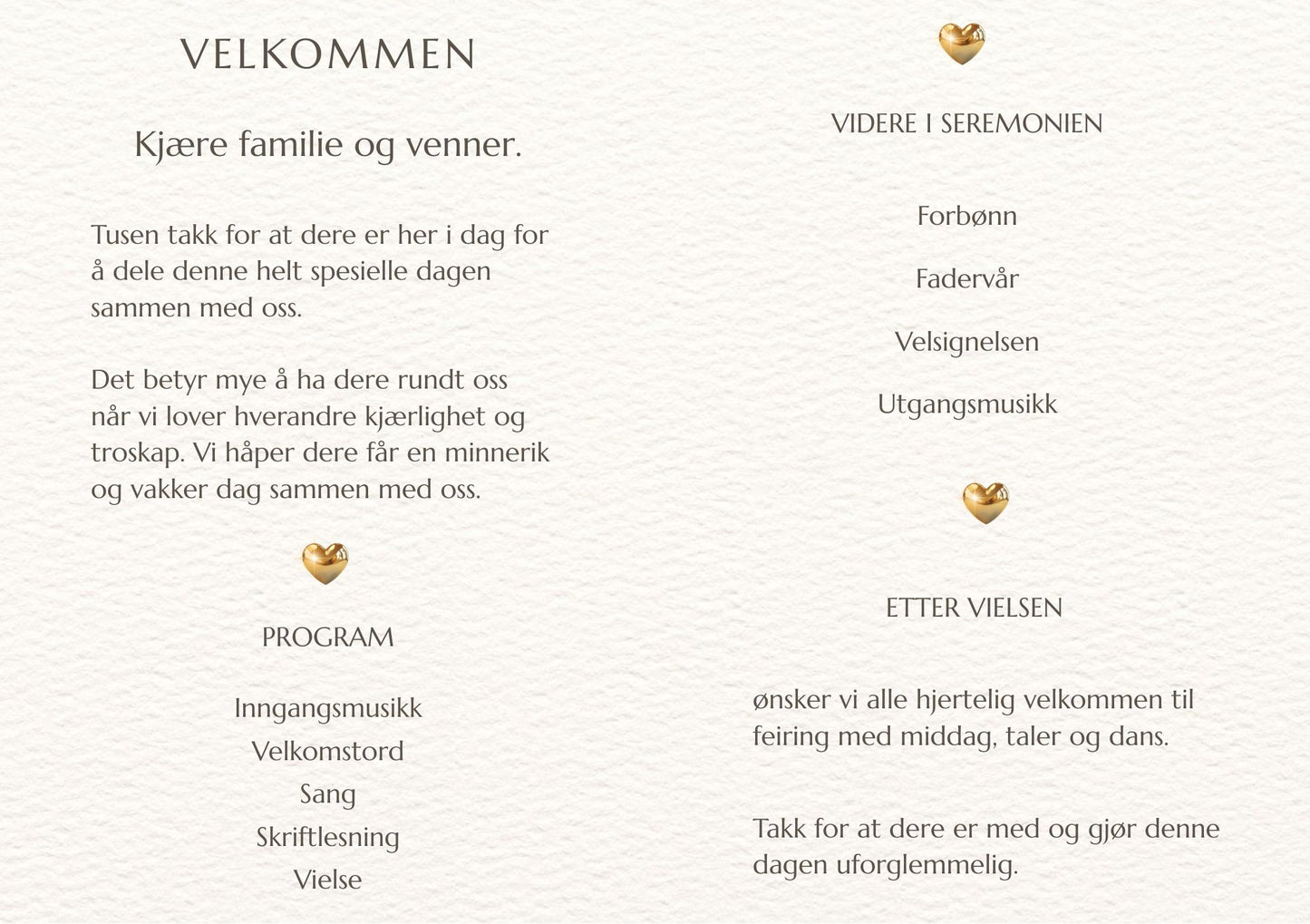 Bryllupsprogram Gold Hearts – innside med velkomsttekst og seremoniprogram dekorert med 3D-gullhjerter på kremfarget teksturert bakgrunn
