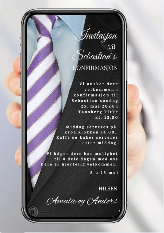 Konfirmasjonsinvitasjon sort dress med slipps personlig design med ferdig tekstforslag - KISS DEKOR