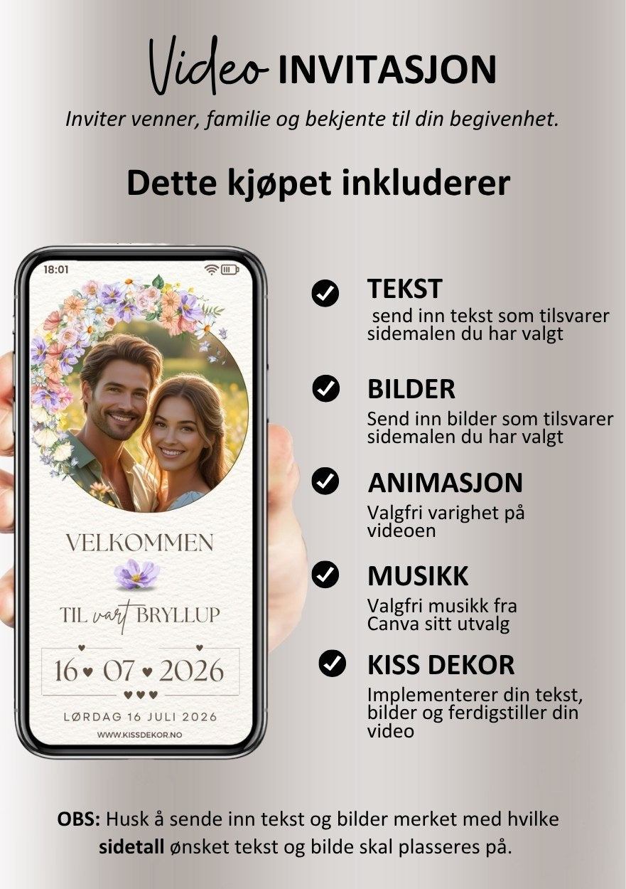 Bryllupsvideo invitasjon 5 sider moderne med musikk - personlig design med ferdig tekstforslag - KISS DEKOR