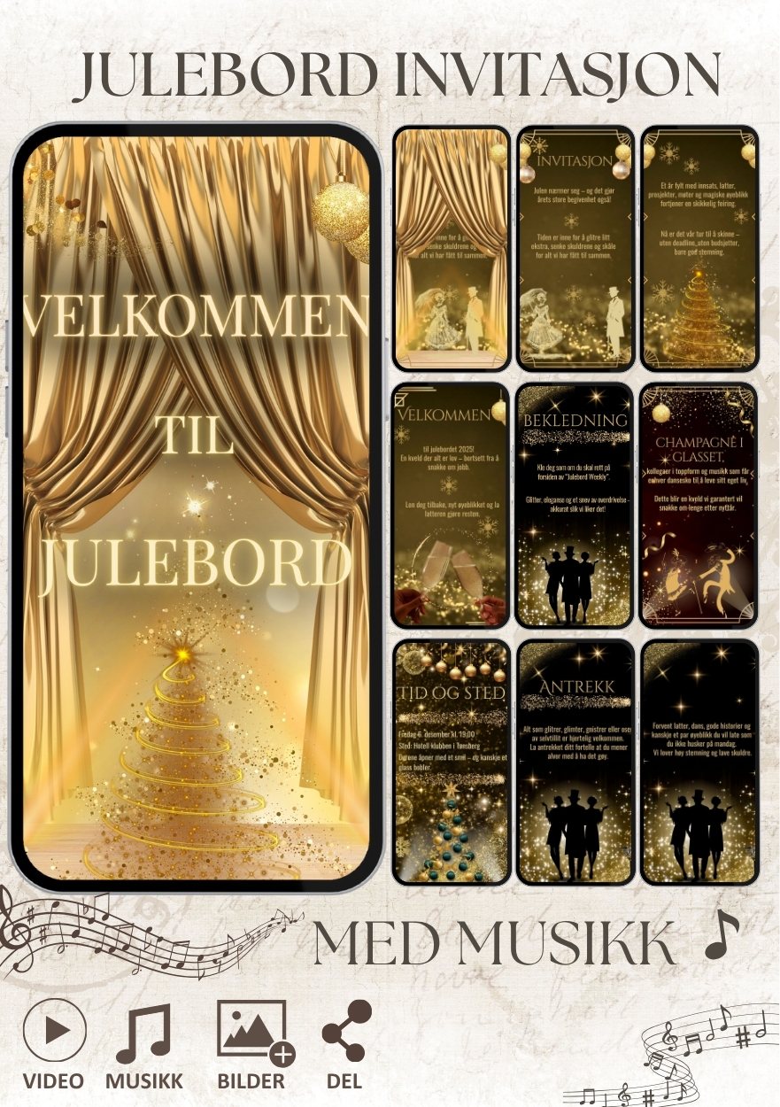 Videoinvitasjon i gull design med musikk -julebordsinvitasjon 16 sider 