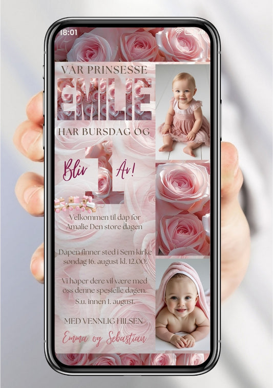 Rosa bursdagsinvitasjon for barn – elegant design til mobil