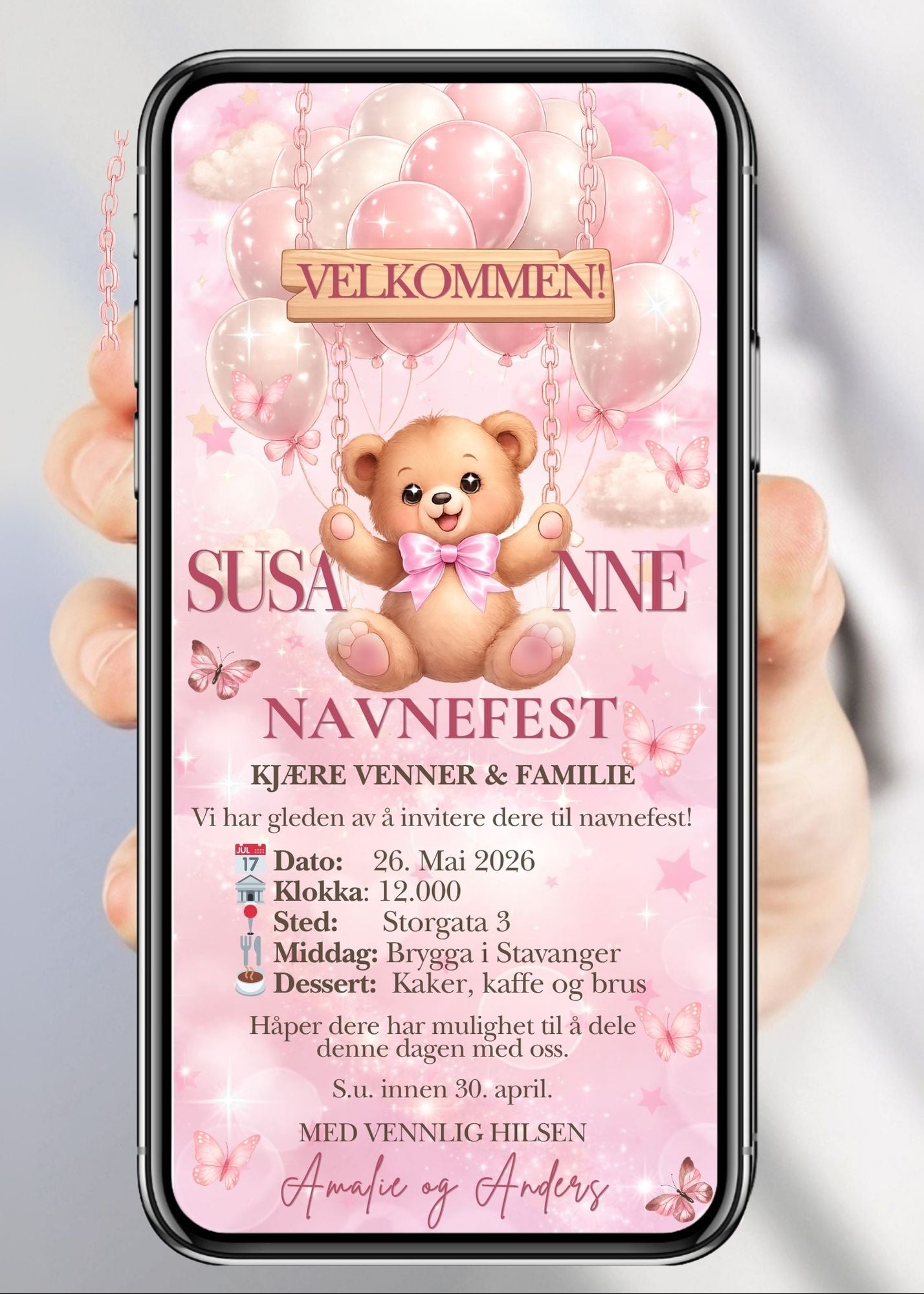 Digital navnefestinvitasjon med søt bamse, rosa sløyfe, glitterstjerner og personlig festtekst på lyserosa bakgrunn 