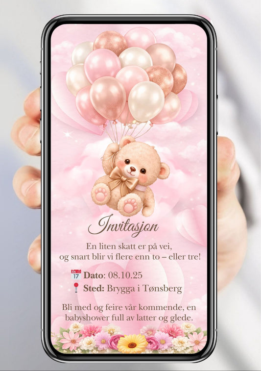 Mobil babyshower-invitasjon med bamse som holder rosa og champagnefargede ballonger blant lyserosa skyer og blomster – vist på mobilskjerm