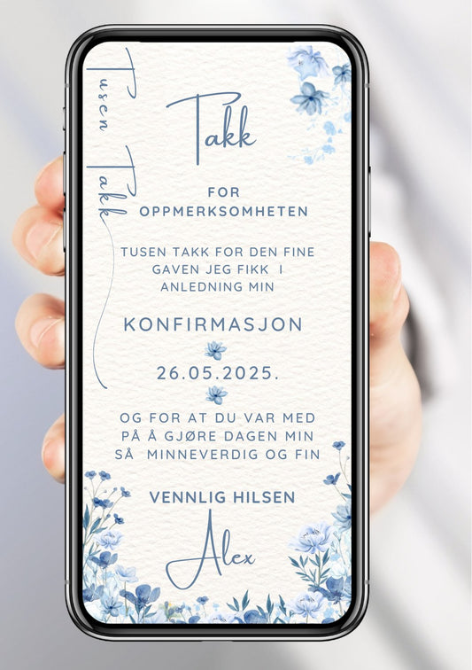 Takkekort konfirmasjon blå akvarell elegant - personlig design med ferdig tekstforslag