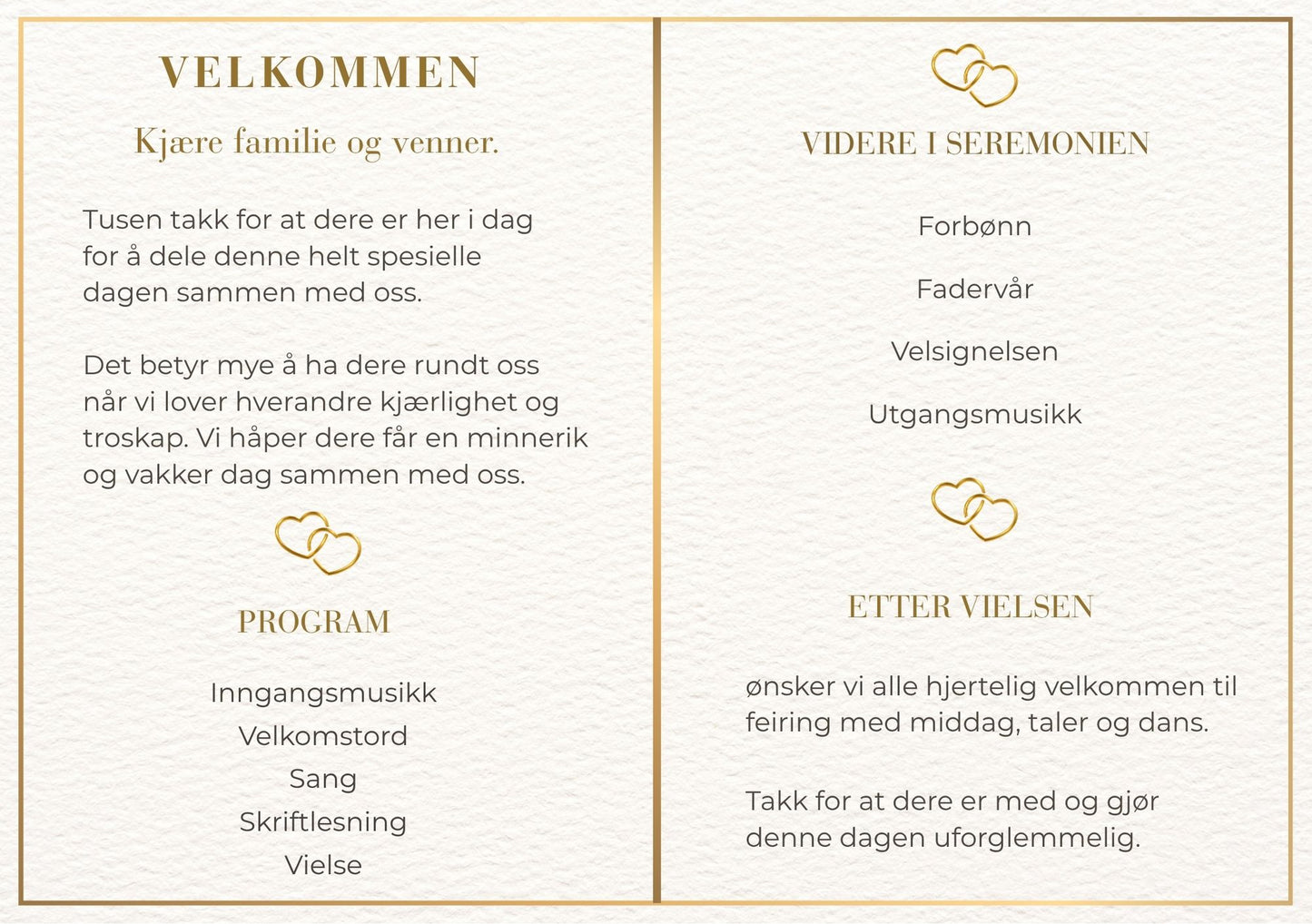 Bryllupsprogram Golden Rose – innside med velkomsttekst, program for seremonien og informasjon etter vielsen med gulldetaljer