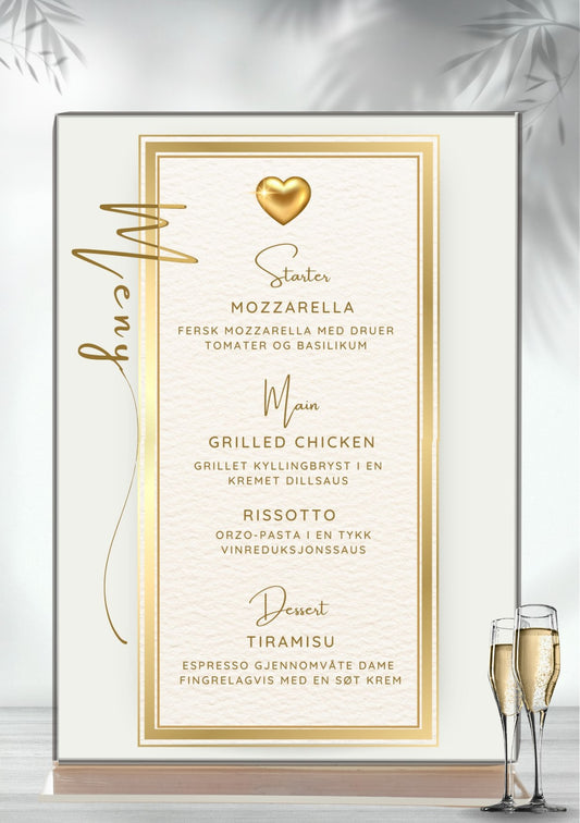 Meny til bryllup - gull personlig og elegant design - KISS DEKOR