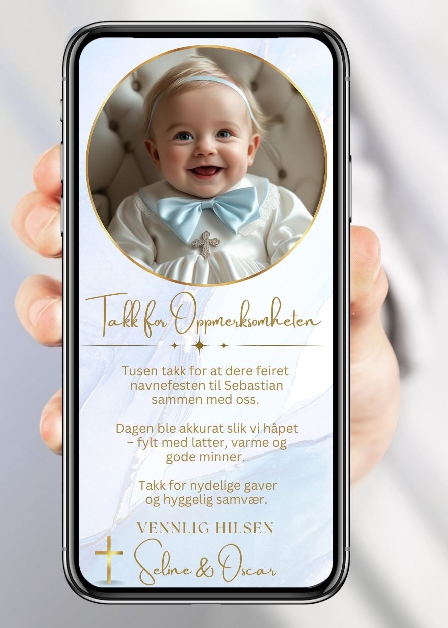 Takkekort dåp blå glede design