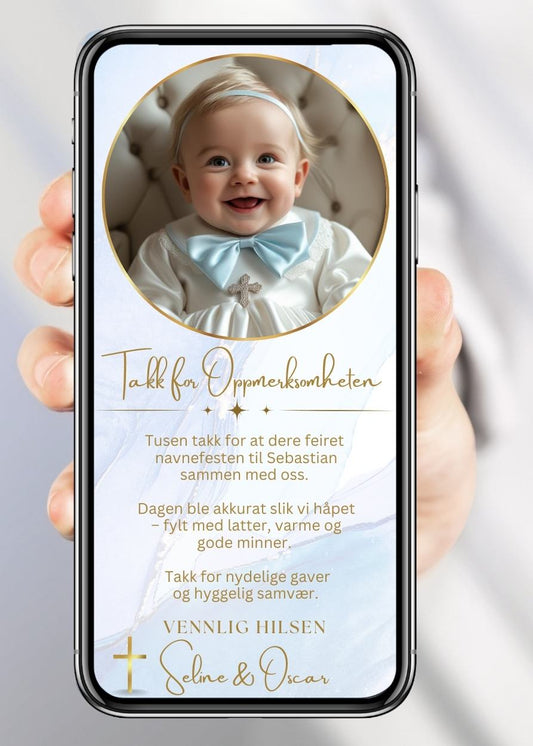 Takkekort dåp blå glede design