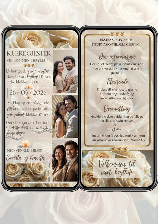 2 SIDERS BRYLLUPSINVITASJON - BEIGE COLLAGE