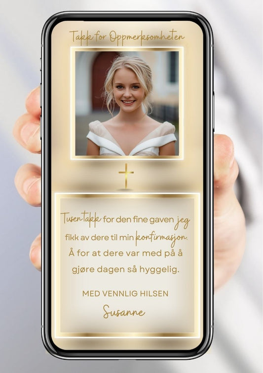Takkekort konfirmasjon gull exclusive- kors med ferdig tekstforslag - KISS DEKOR