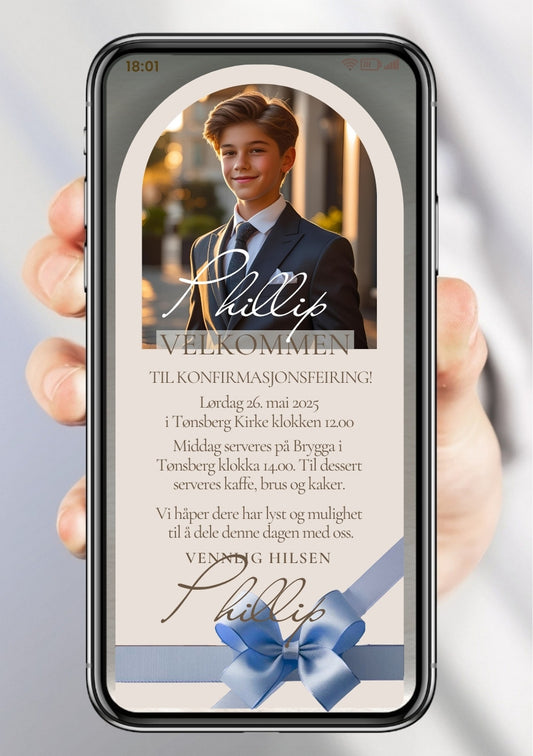 Konfirmasjonsinvitasjon delikat med bilde og blå sløyfe- personlig design med ferdig tekstforslag - KISS DEKOR