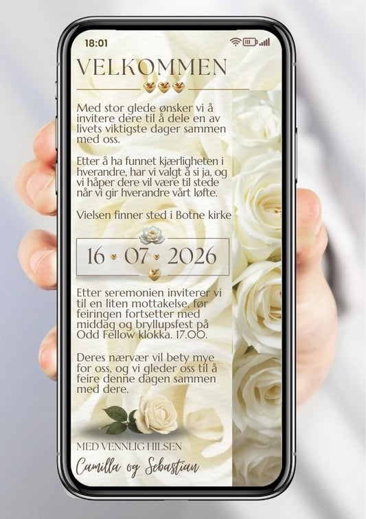 Digital bryllupsinvitasjon Camilla og Sebastian - velkommen til vårt bryllup 16. juli 2026 i Botne kirke med hvite roser på mobil