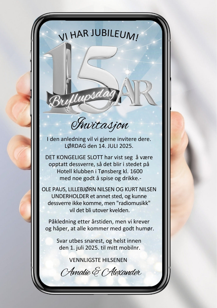 Digital invitasjon til 15-års bryllupsdag - vi har jubileum lørdag 14. juli 2025 med fest på Hotell klubben Tønsberg på mobil