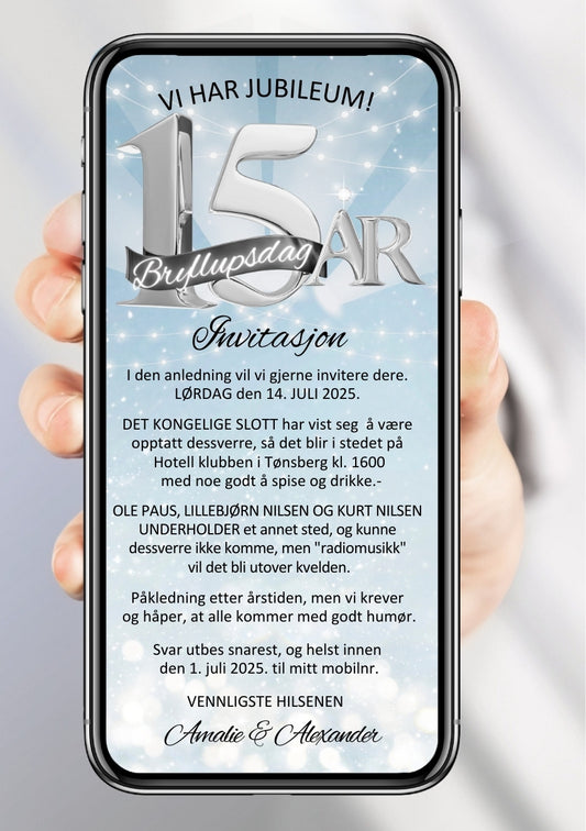 Digital invitasjon til 15-års bryllupsdag - vi har jubileum lørdag 14. juli 2025 med fest på Hotell klubben Tønsberg på mobil