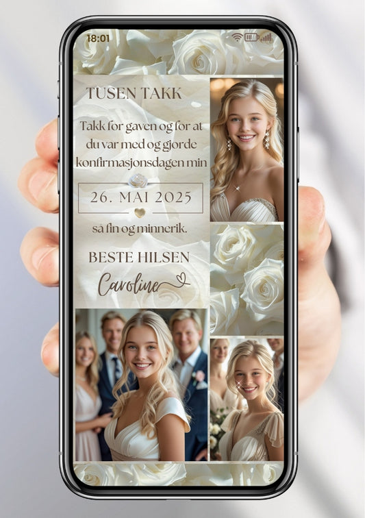 Takkekort konfirmasjon collage med blomster - personlig design med ferdig tekstforslag - KISS DEKOR