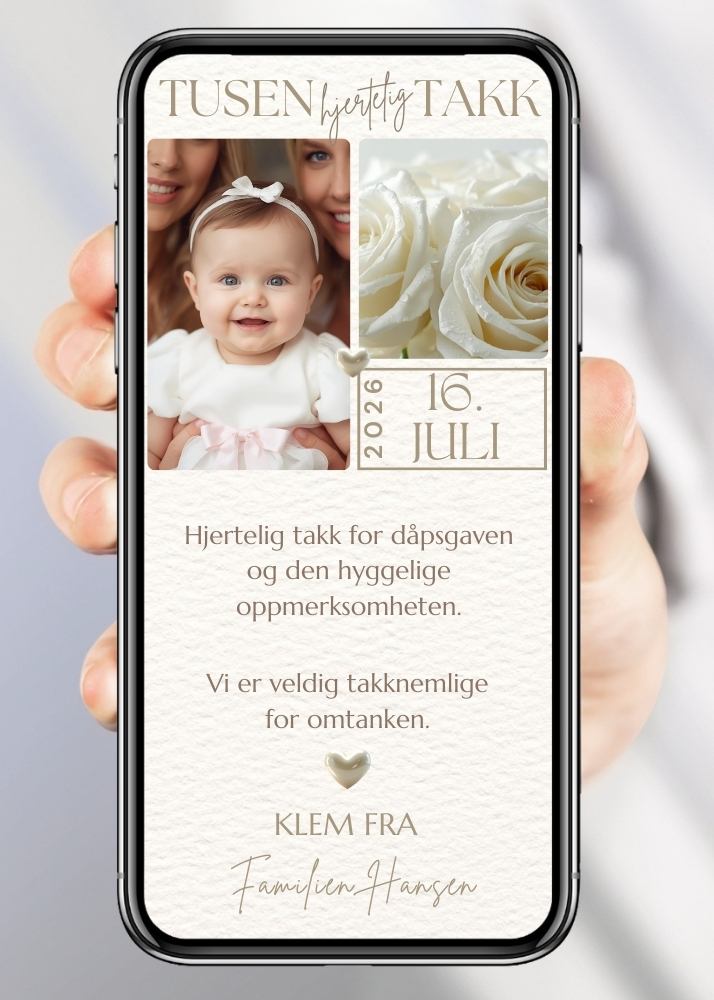 Takkekort til dåp hvit rose elegant design