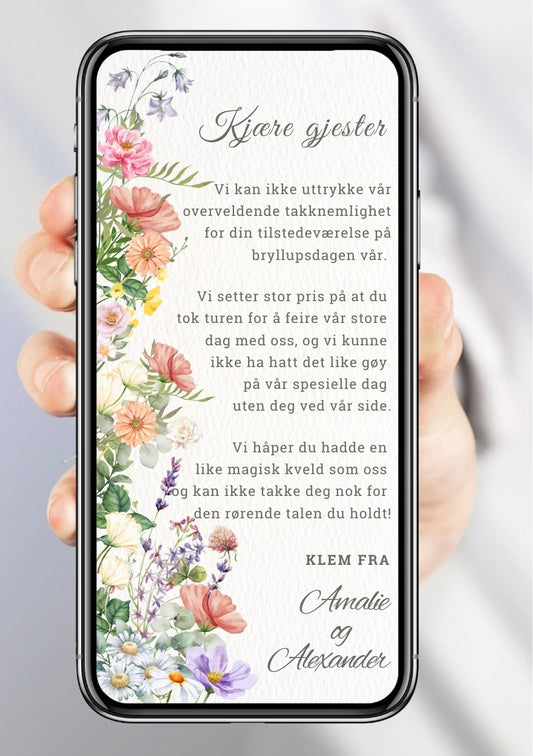 Takkekort bryllup hvit romantisk - personlig design med ferdig tekstforslag - KISS DEKOR