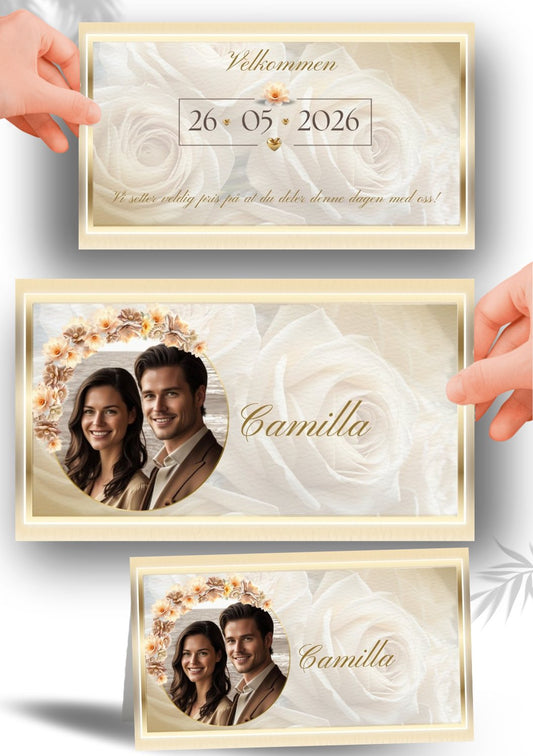 Elegant bordkort til bryllup med personlig design og gulldetaljer