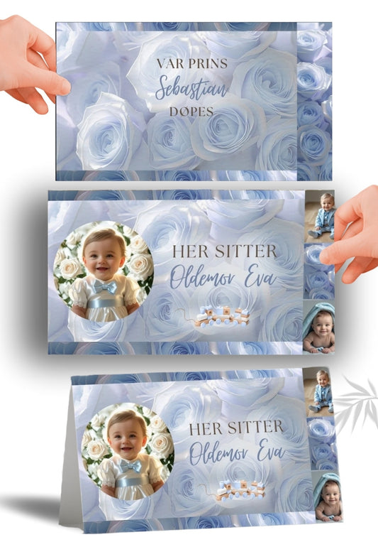 Bordkort blå til navnefest med vakker design – personlig og minneverdig