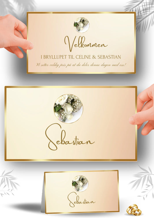 Bordkort til bryllup med gullramme - velkommen til bryllupet og personlige bordkort med eukalyptus og hvite blomster
