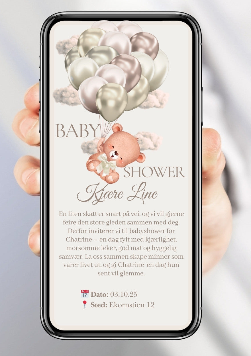 Digital babyshower invitasjon for mobil med tilpasset tekst og design