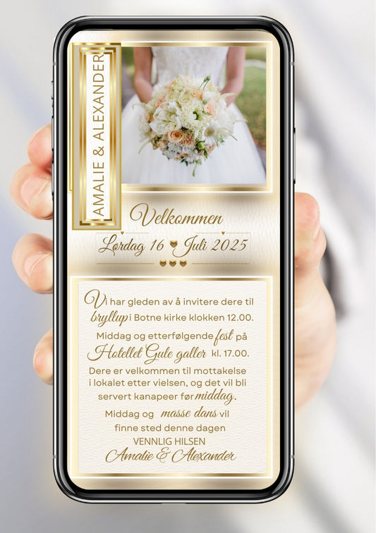 Bryllupsinvitasjon gull romantisk - personlig design med ferdig tekstforslag - KISS DEKOR