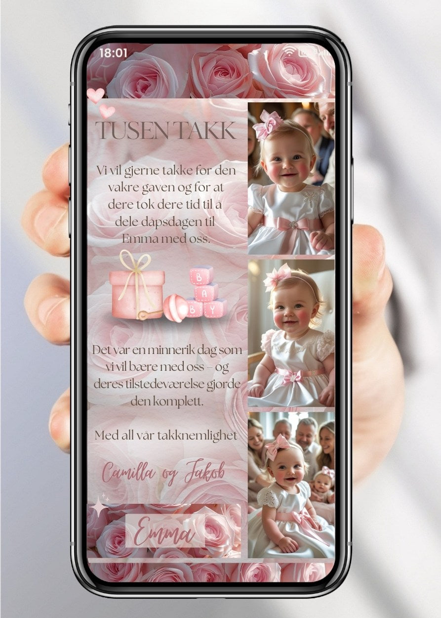 Takkekort dåp rosa collage med bilder
