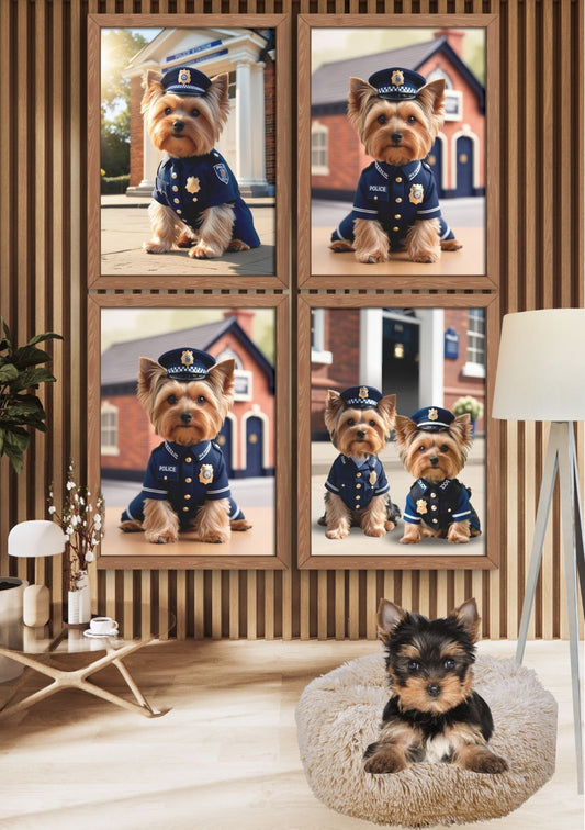 Yorkshire Terrier politihund utendørs - søt hund i politiuniform fra KISS DEKOR