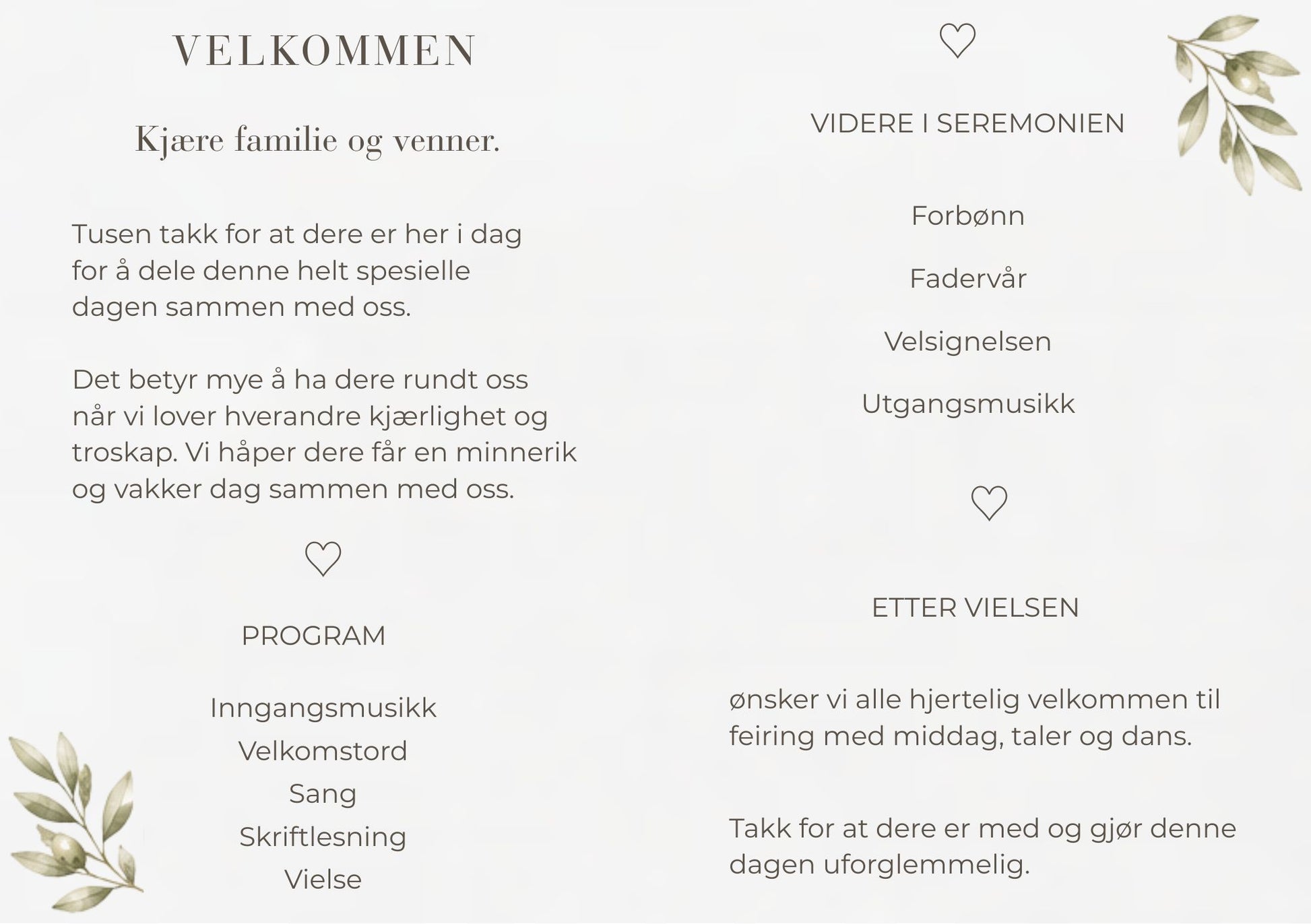 Bryllupsprogram Eucalyptus – innside med velkomsttekst og seremoniprogram med eukalyptusgrener i hjørnene, baksiden med svart-hvitt brudeparbilde