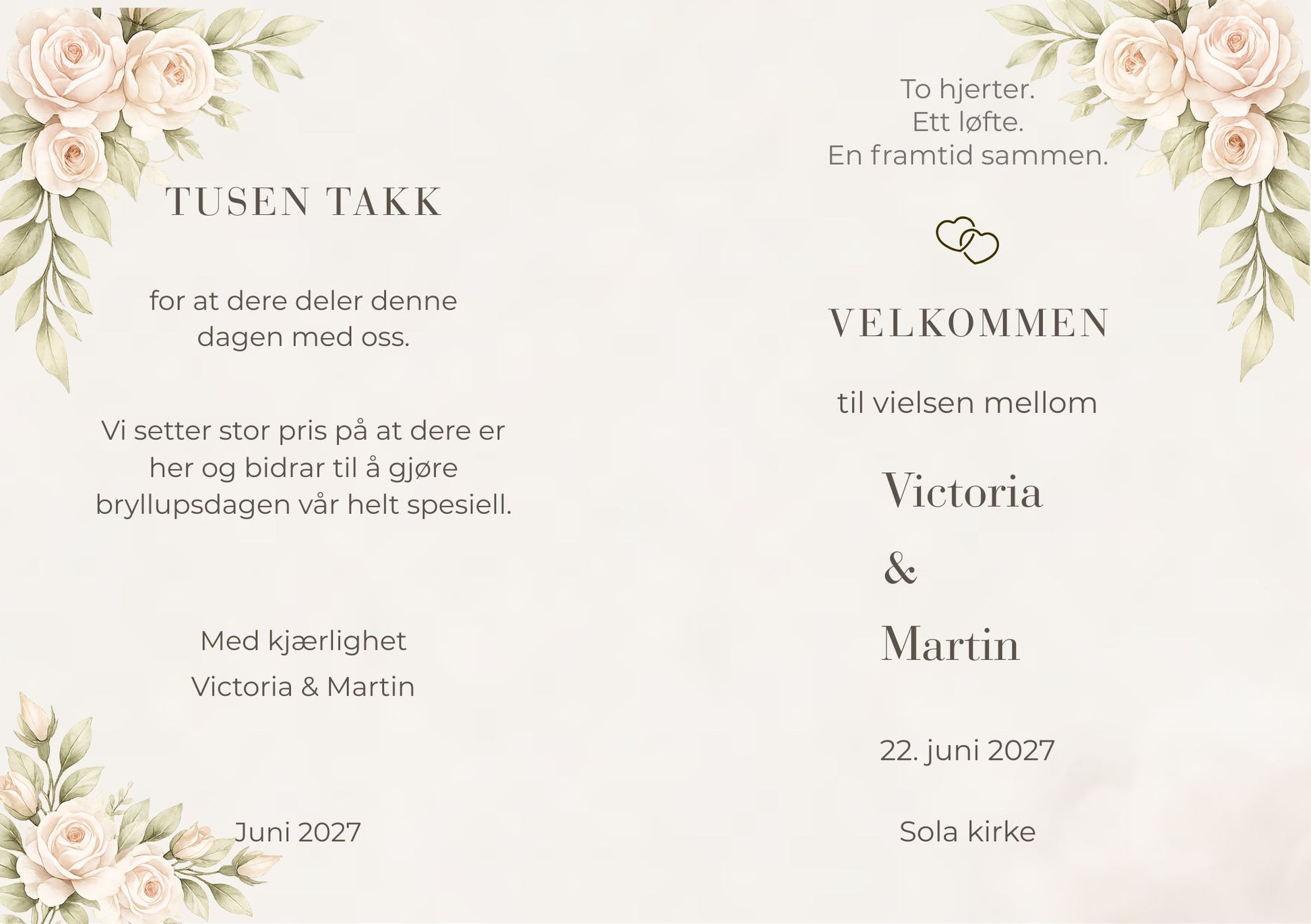Bryllupsprogram Cream Roses – forside med navn i elegant skrift, konturhjerter og akvarell krem/blush roser med grønne blader i alle hjørner