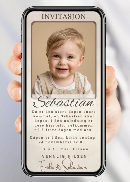 Dåpsinvitasjon og navnefest beige med bilde - personlig design med ferdig tekstforslag - KISS DEKOR