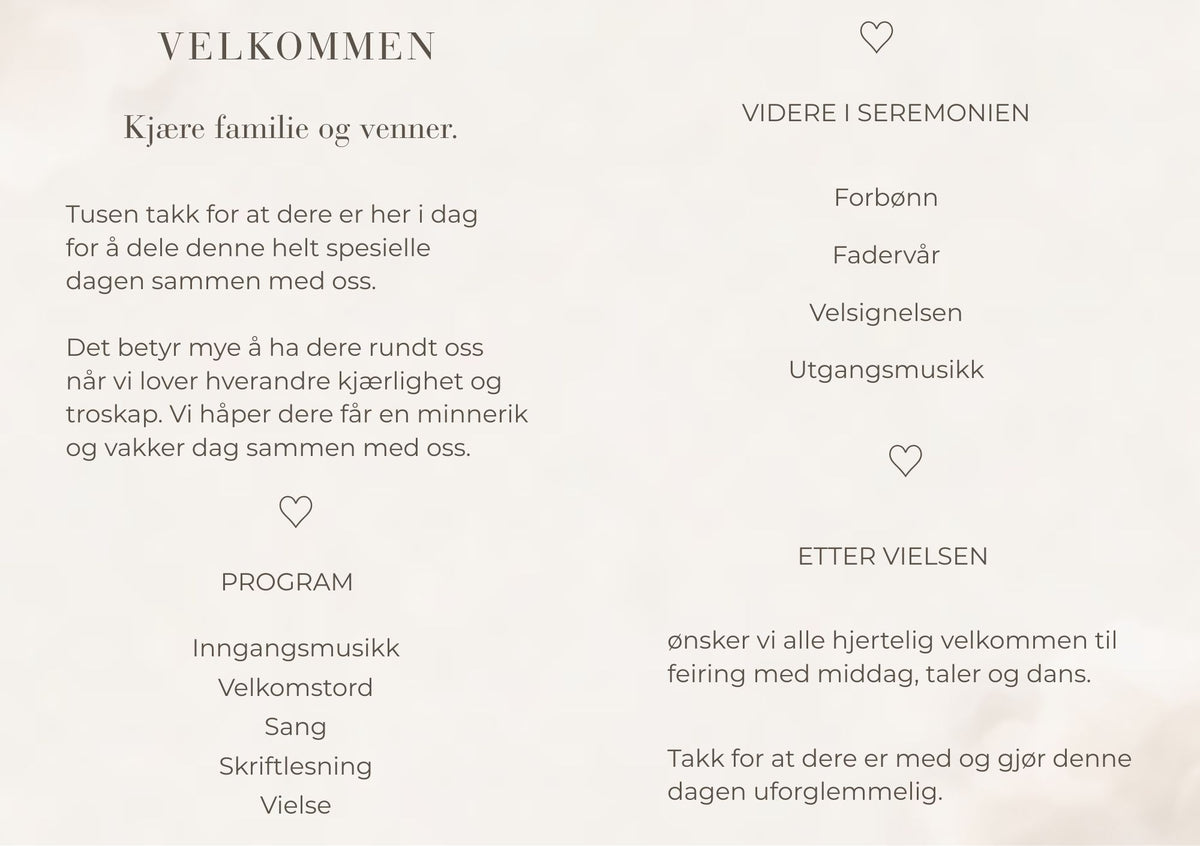 Bryllupsprogram Cream Roses – innside med velkomsttekst og seremoniprogram i sort skrift, dekorert med kremfargede akvarell roser i hjørnene