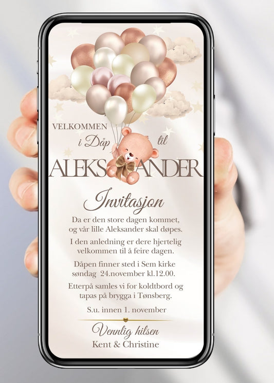 Invitasjon dåp og navnefest beige med bamse - personlig design med ferdig tekstforslag - KISS DEKOR