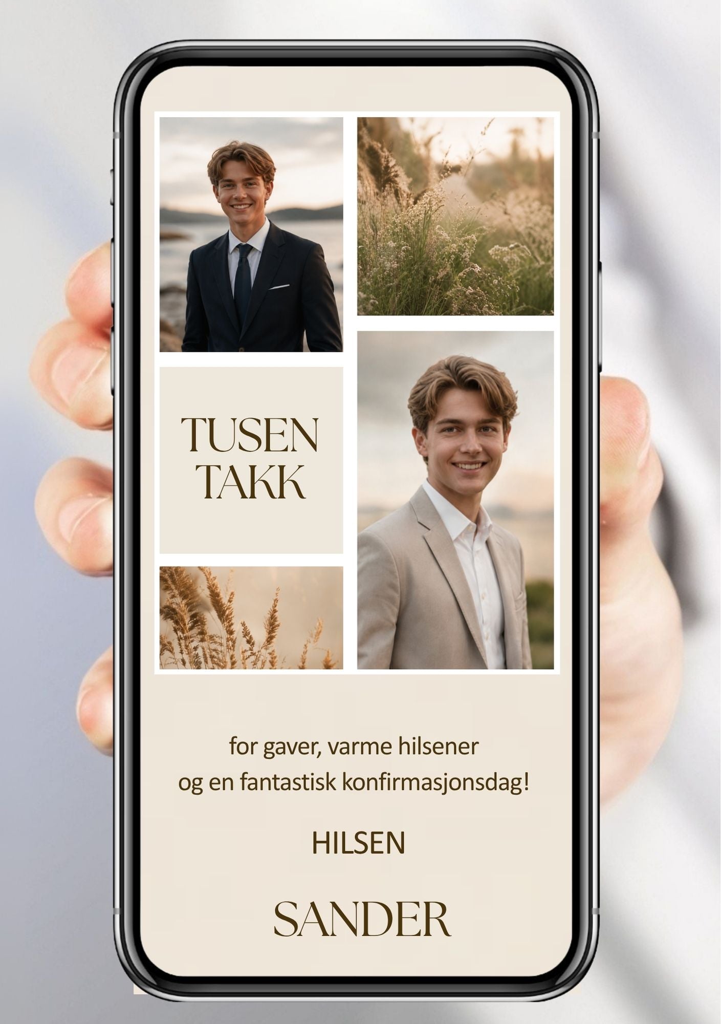 Digitalt takkekort til konfirmasjon i beige med organisk fotocollage og takketekst, vist på mobilskjerm