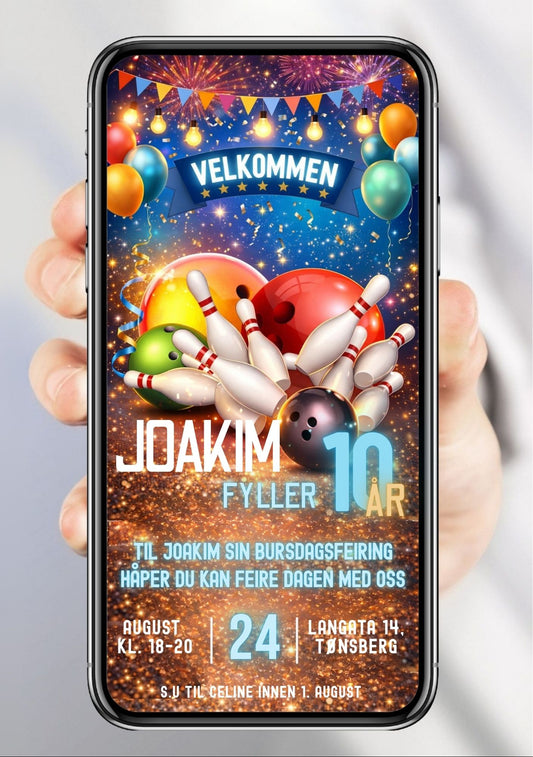 Mobil bursdagsinvitasjon med fargerike bowlingkuler, kjegler, ballonger, konfetti og festlys – vist på mobilskjerm