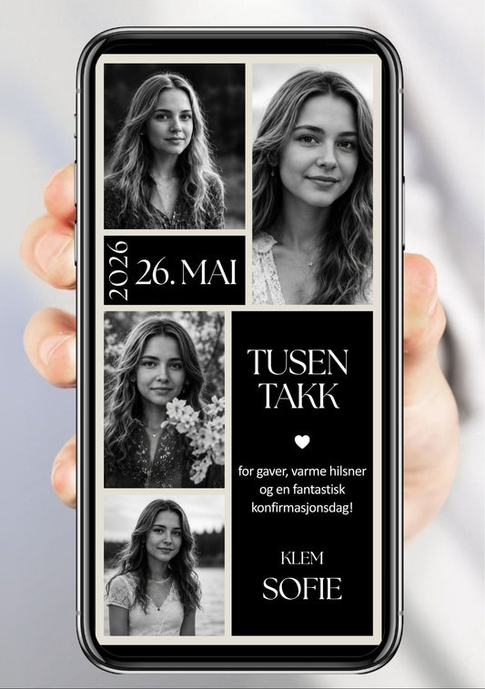 Digitalt takkekort til konfirmasjon i sort og hvitt med fotocollage, dato og takketekst, vist på mobilskjerm