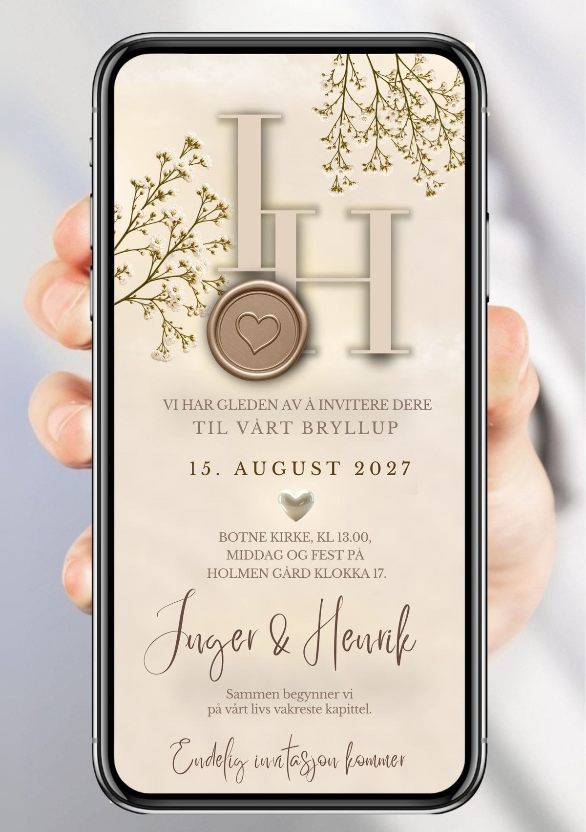 Save the Date med store monogram-initialer H og I, bronsefarget vokssegl med hjerte, gypsophila-grener og bryllupsdato på beige bakgrunn