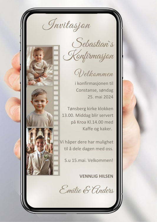 Konfirmasjonsinvitasjon med 3 bilder - digital invitasjon til mobil
